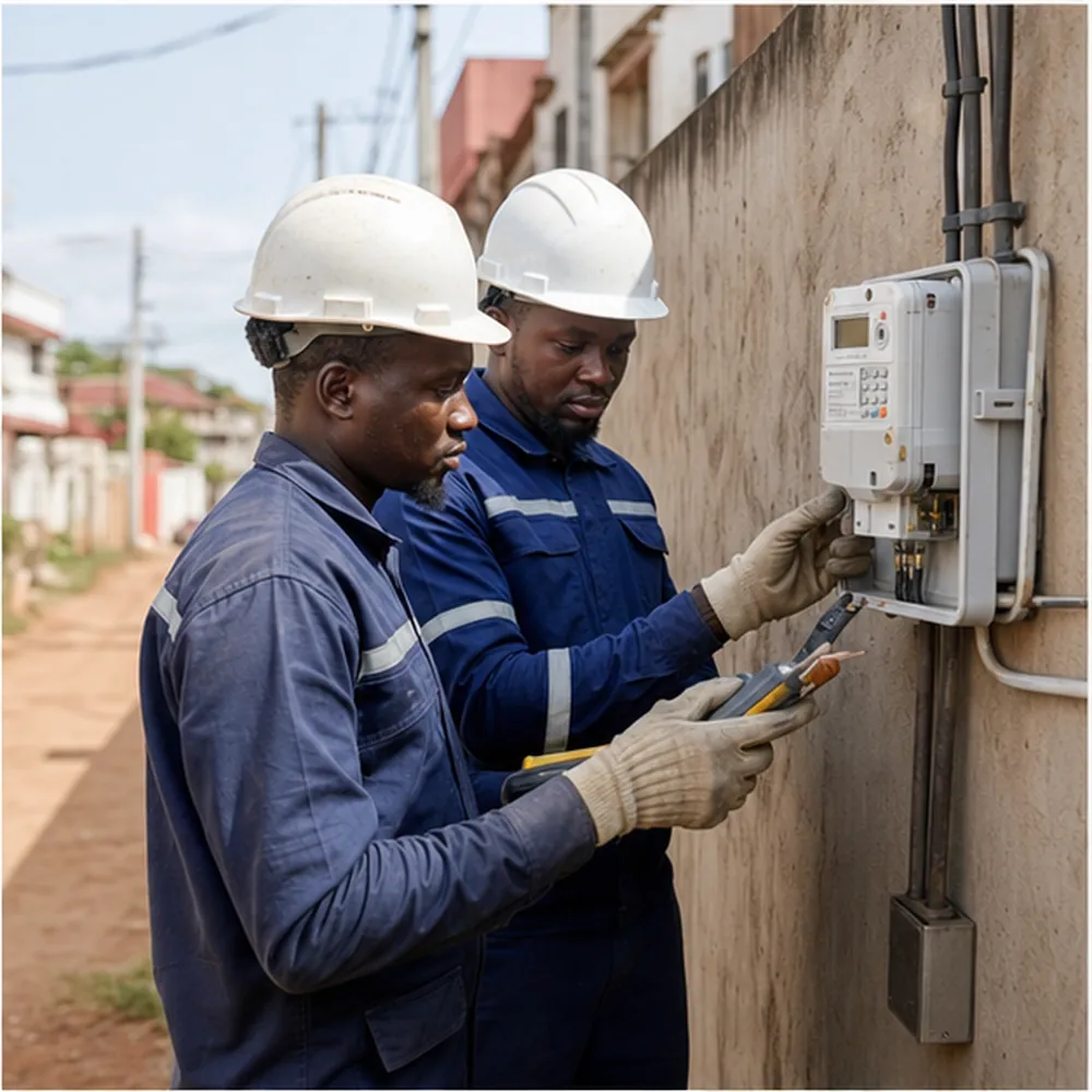 Techniciens inspectant un compteur électrique