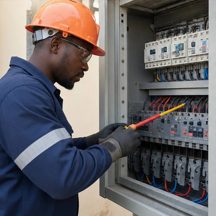 Technicien réalisant une maintenance électrique